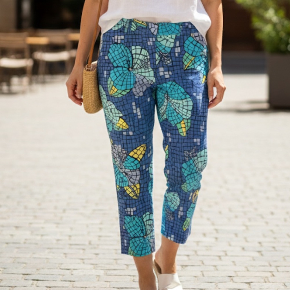 Lilly Pulitzer petite vintage mosaic stained glass blue monokini capri pants - Picture 1 of 5